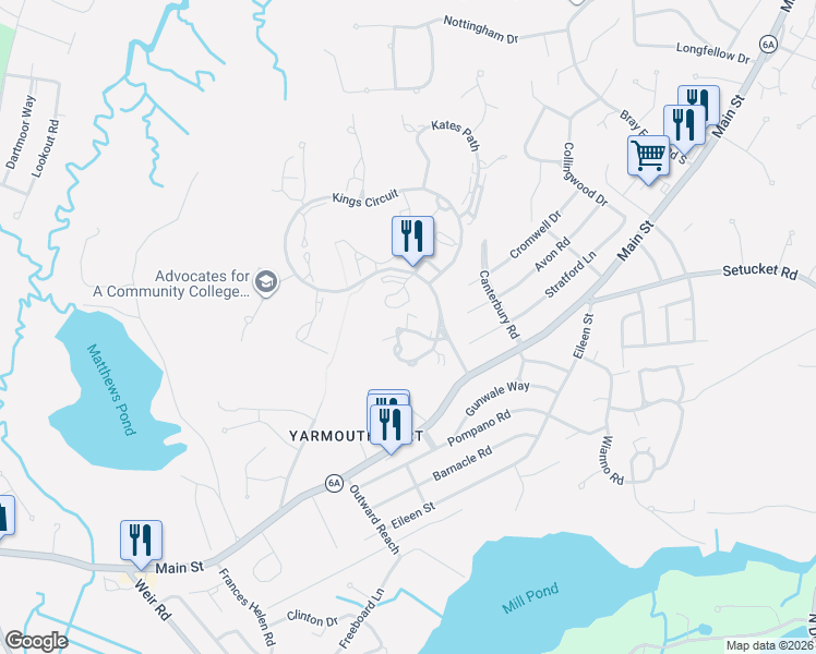 map of restaurants, bars, coffee shops, grocery stores, and more near 404 Admiralty Heights in Yarmouth