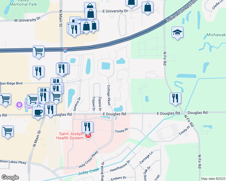 map of restaurants, bars, coffee shops, grocery stores, and more near 5710 Mellon Court in Granger