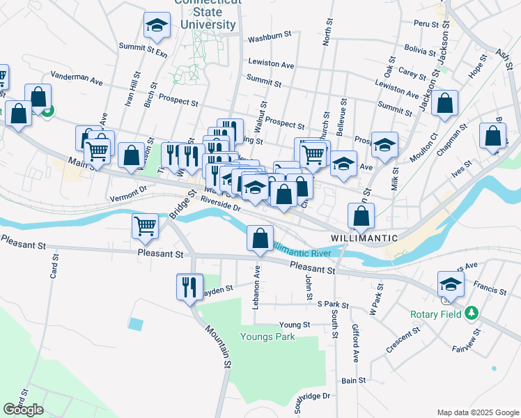 map of restaurants, bars, coffee shops, grocery stores, and more near 820 Main Street in Windham