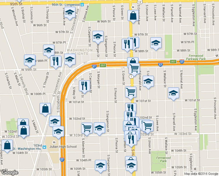 map of restaurants, bars, coffee shops, grocery stores, and more near 10009 South Sangamon Street in Chicago