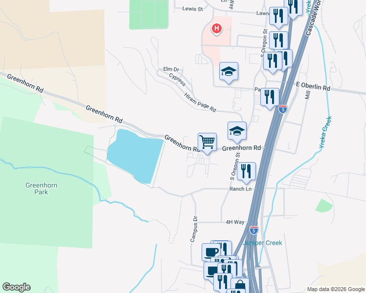 map of restaurants, bars, coffee shops, grocery stores, and more near 341 Greenhorn Road in Yreka