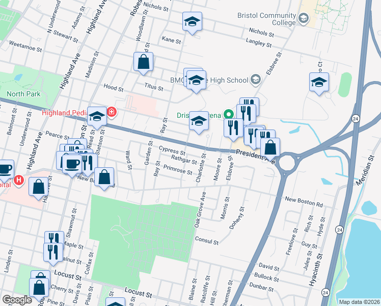 map of restaurants, bars, coffee shops, grocery stores, and more near 452 Cypress Street in Fall River