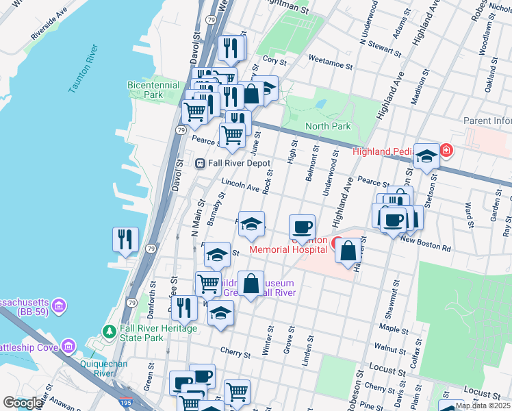 map of restaurants, bars, coffee shops, grocery stores, and more near 521 June Street in Fall River