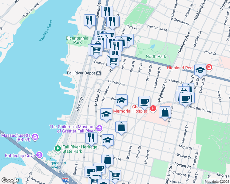 map of restaurants, bars, coffee shops, grocery stores, and more near 137 Barnaby Street in Fall River