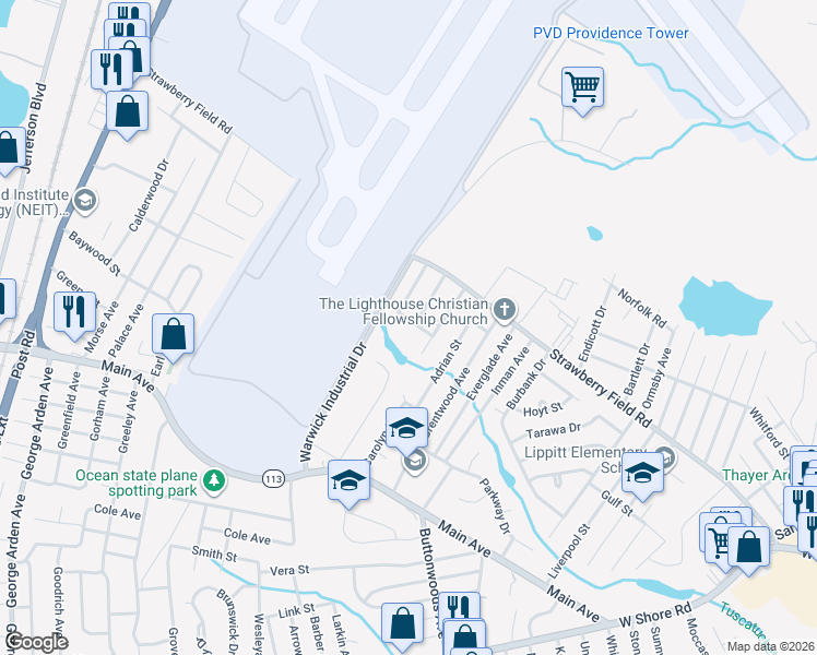 map of restaurants, bars, coffee shops, grocery stores, and more near 51 Burgess Drive in Warwick