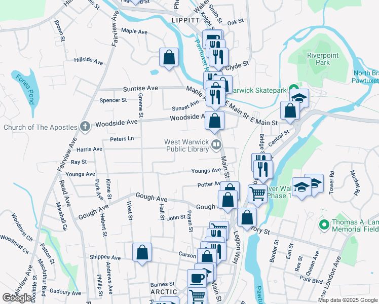 map of restaurants, bars, coffee shops, grocery stores, and more near 28 Harris Avenue in West Warwick