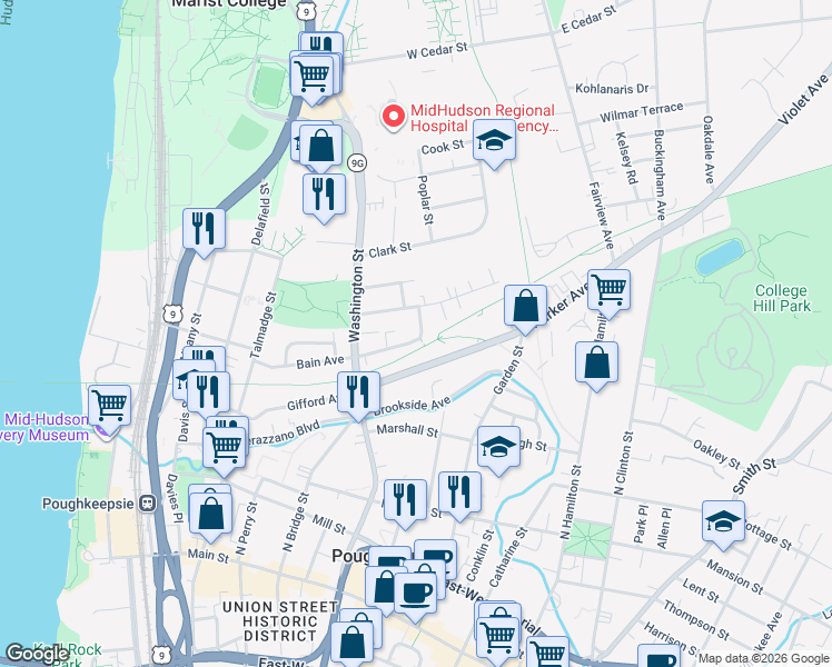 map of restaurants, bars, coffee shops, grocery stores, and more near 25 Orchard Place in Poughkeepsie