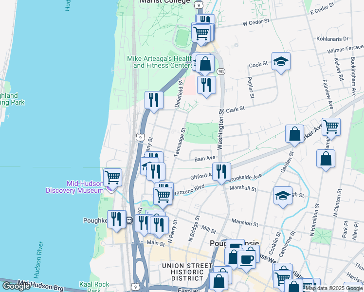 map of restaurants, bars, coffee shops, grocery stores, and more near 59 Talmadge Street in Poughkeepsie