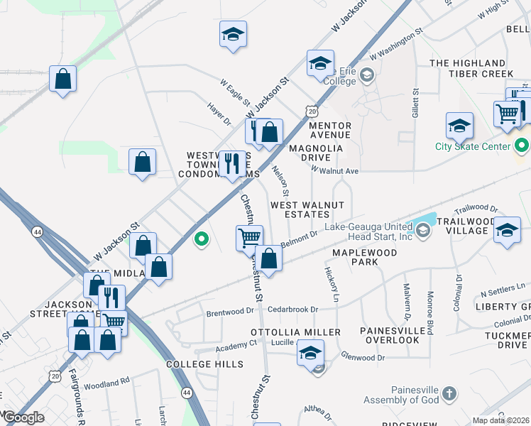 map of restaurants, bars, coffee shops, grocery stores, and more near 86 Hartshorn Drive in Painesville