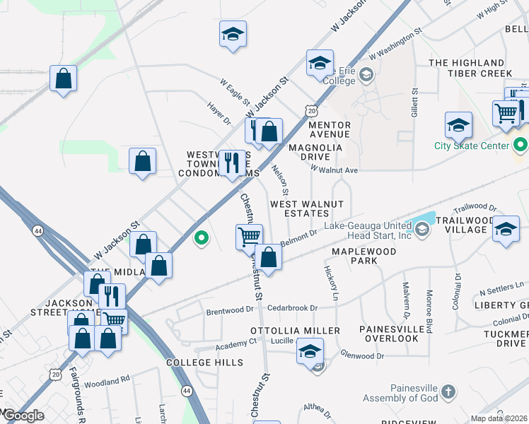 map of restaurants, bars, coffee shops, grocery stores, and more near 86 Hartshorn Drive in Painesville