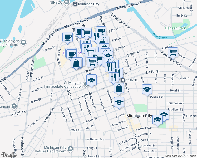 map of restaurants, bars, coffee shops, grocery stores, and more near 907 Washington Street in Michigan City