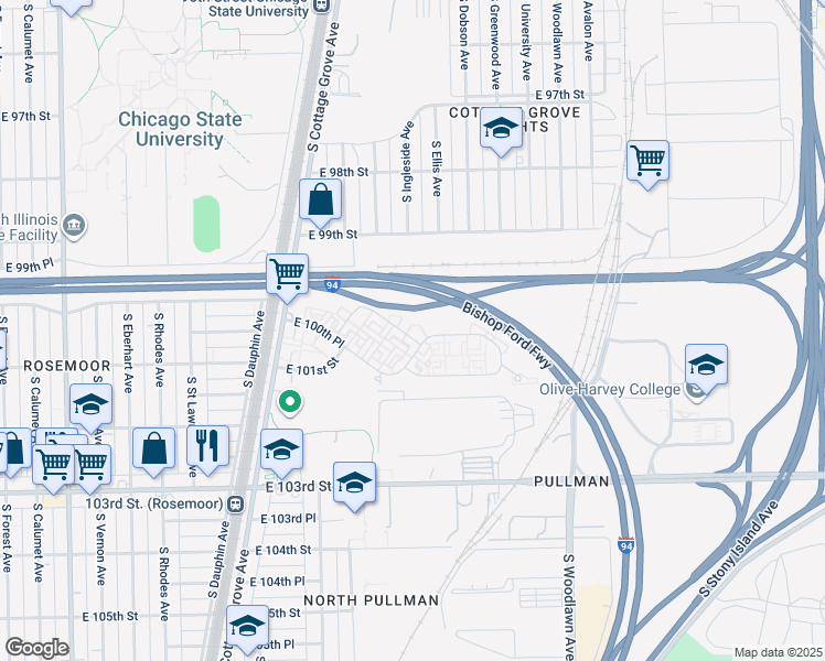 map of restaurants, bars, coffee shops, grocery stores, and more near 982B East 100th Place in Chicago