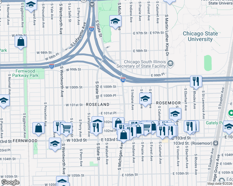 map of restaurants, bars, coffee shops, grocery stores, and more near 70 East 100th Place in Chicago
