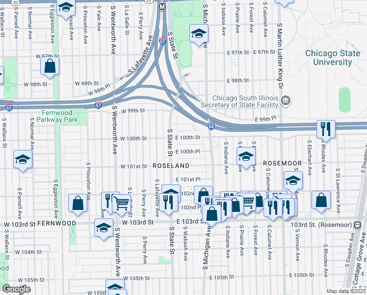map of restaurants, bars, coffee shops, grocery stores, and more near 30 East 100th Place in Chicago