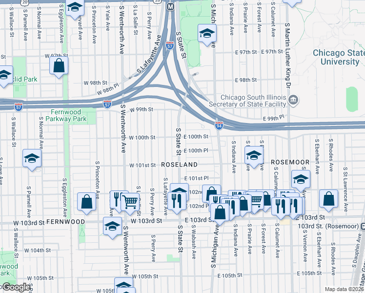 map of restaurants, bars, coffee shops, grocery stores, and more near 10018 South State Street in Chicago