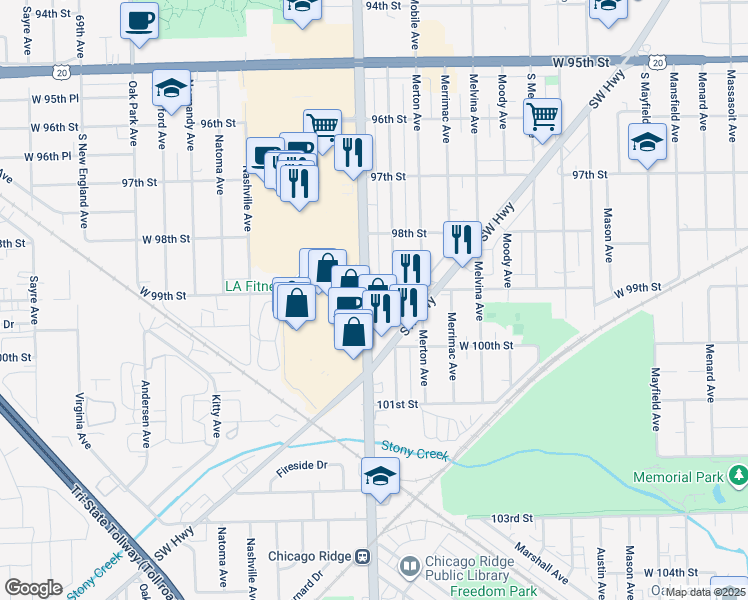 map of restaurants, bars, coffee shops, grocery stores, and more near 9900 South Ridgeland Avenue in Chicago Ridge