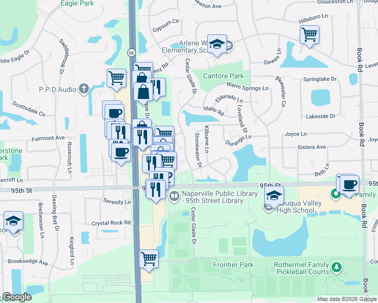 map of restaurants, bars, coffee shops, grocery stores, and more near 2906 Cedar Glade Drive in Naperville