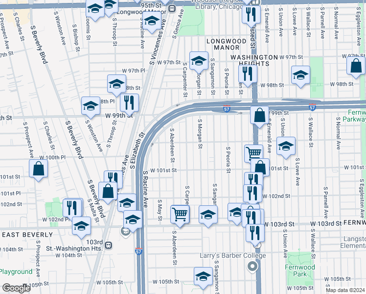 map of restaurants, bars, coffee shops, grocery stores, and more near 10006 South Carpenter Street in Chicago