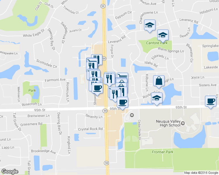 map of restaurants, bars, coffee shops, grocery stores, and more near 9288 Highway 59 in Naperville