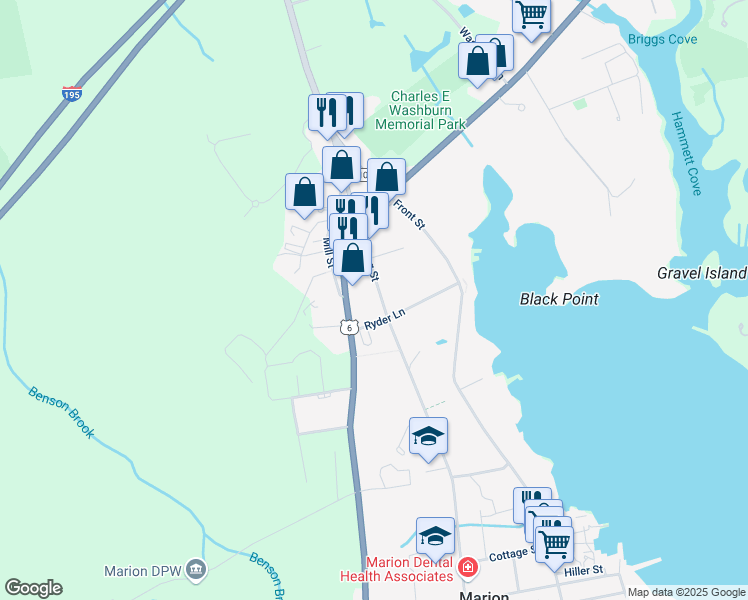 map of restaurants, bars, coffee shops, grocery stores, and more near 142 Spring Street in Marion