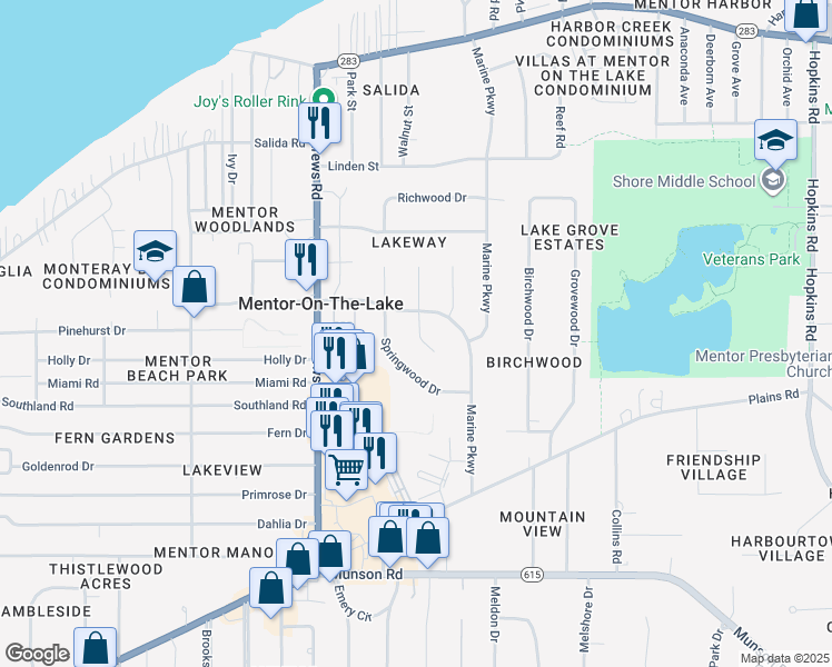 map of restaurants, bars, coffee shops, grocery stores, and more near 5849 Sequoia Court in Mentor-on-the-Lake