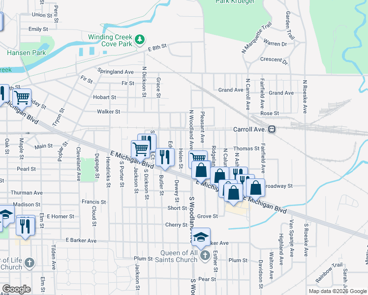 map of restaurants, bars, coffee shops, grocery stores, and more near 200 Thomas Street in Michigan City