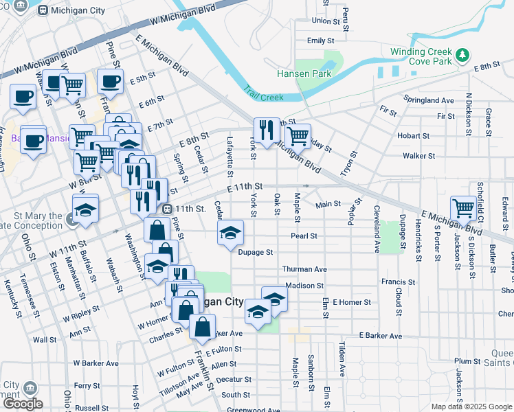 map of restaurants, bars, coffee shops, grocery stores, and more near 502 York Street in Michigan City