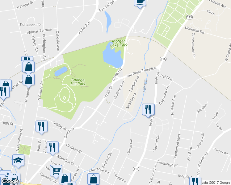 map of restaurants, bars, coffee shops, grocery stores, and more near 7413 Hudson Avenue in Poughkeepsie