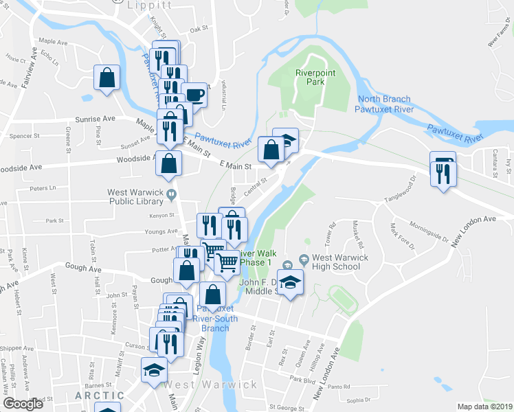 map of restaurants, bars, coffee shops, grocery stores, and more near 93 Providence Street in West Warwick