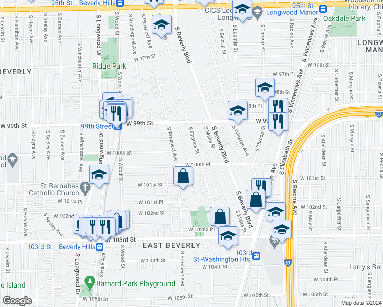 map of restaurants, bars, coffee shops, grocery stores, and more near 9964 South Charles Street in Chicago