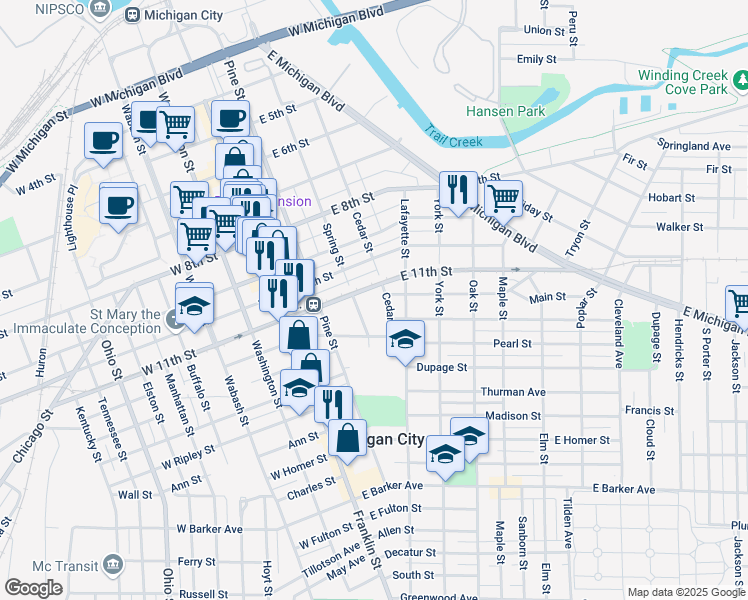 map of restaurants, bars, coffee shops, grocery stores, and more near 1109 Cedar Street in Michigan City