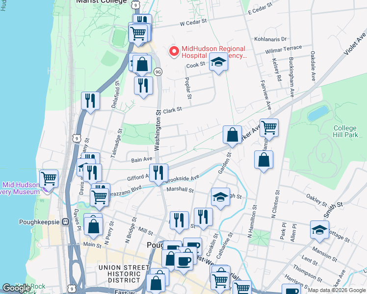 map of restaurants, bars, coffee shops, grocery stores, and more near 25 Orchard Place in Poughkeepsie