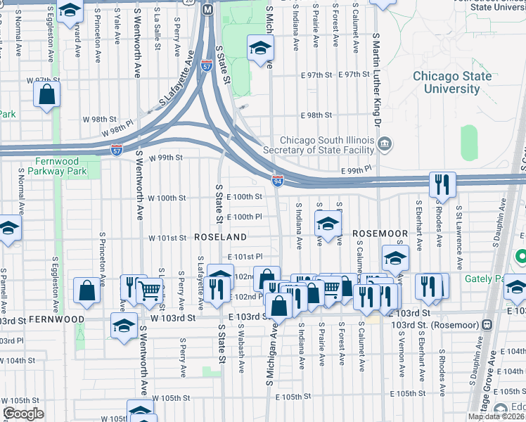 map of restaurants, bars, coffee shops, grocery stores, and more near 70 East 100th Place in Chicago