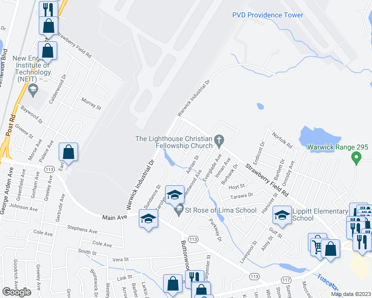 map of restaurants, bars, coffee shops, grocery stores, and more near 51 Burgess Drive in Warwick