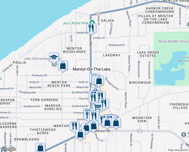 map of restaurants, bars, coffee shops, grocery stores, and more near 5869 Buckeye Lane in Mentor-on-the-Lake