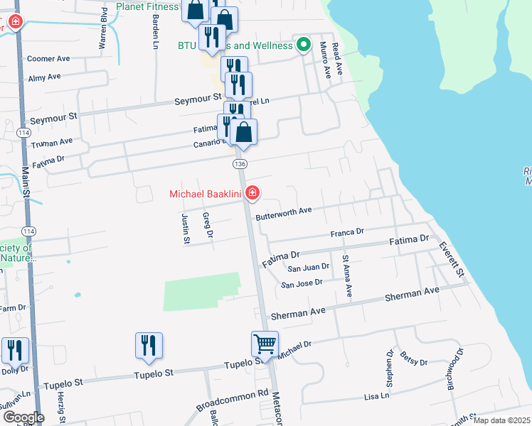 map of restaurants, bars, coffee shops, grocery stores, and more near 5 Butterworth Avenue in Bristol