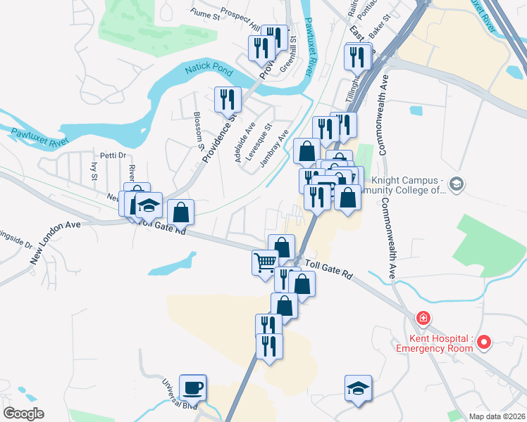 map of restaurants, bars, coffee shops, grocery stores, and more near 9 Senior City Street in Warwick