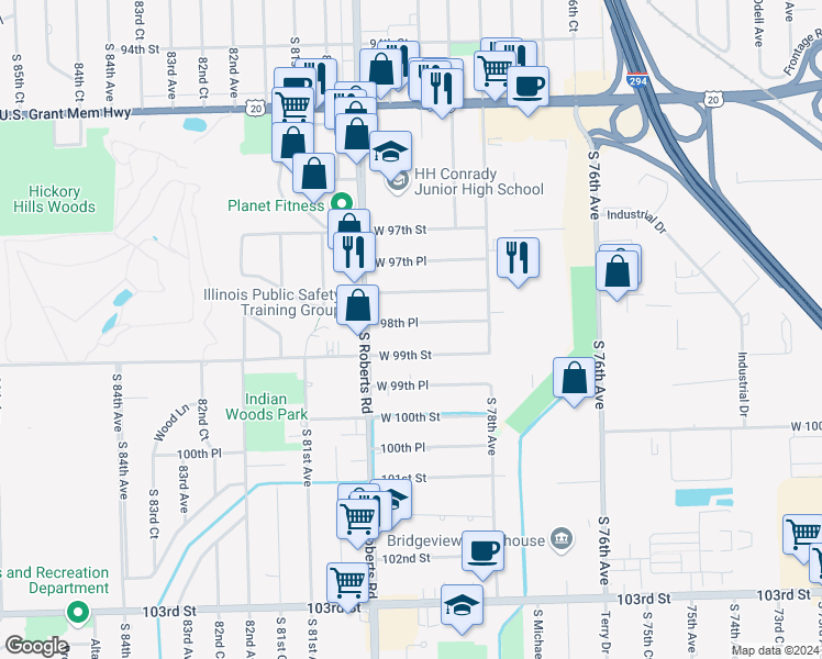 map of restaurants, bars, coffee shops, grocery stores, and more near 7917 West 98th Place in Hickory Hills