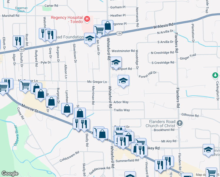 map of restaurants, bars, coffee shops, grocery stores, and more near 5334 Whiteford Road in Sylvania
