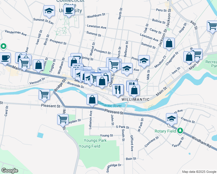 map of restaurants, bars, coffee shops, grocery stores, and more near 699 Main Street in Windham