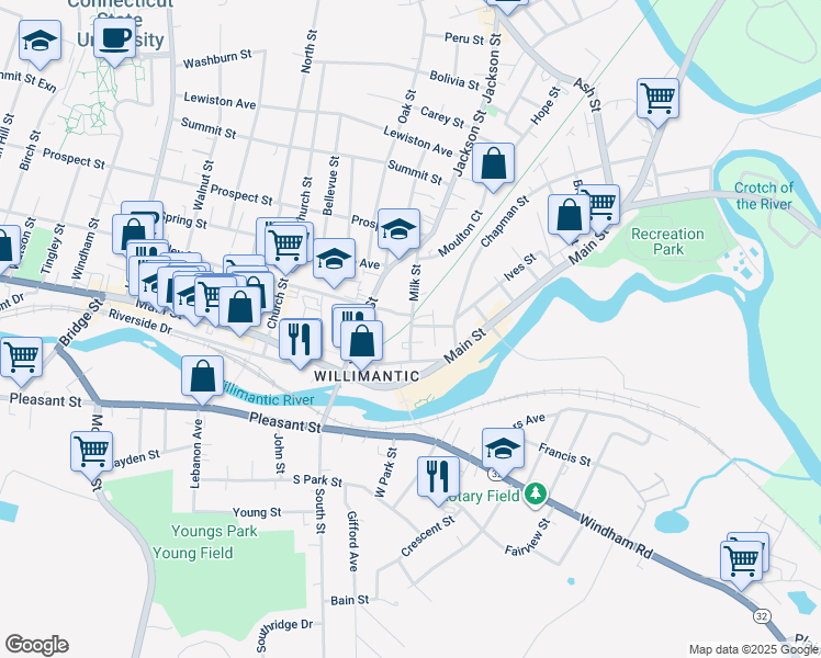 map of restaurants, bars, coffee shops, grocery stores, and more near 26 Milk Street in Windham