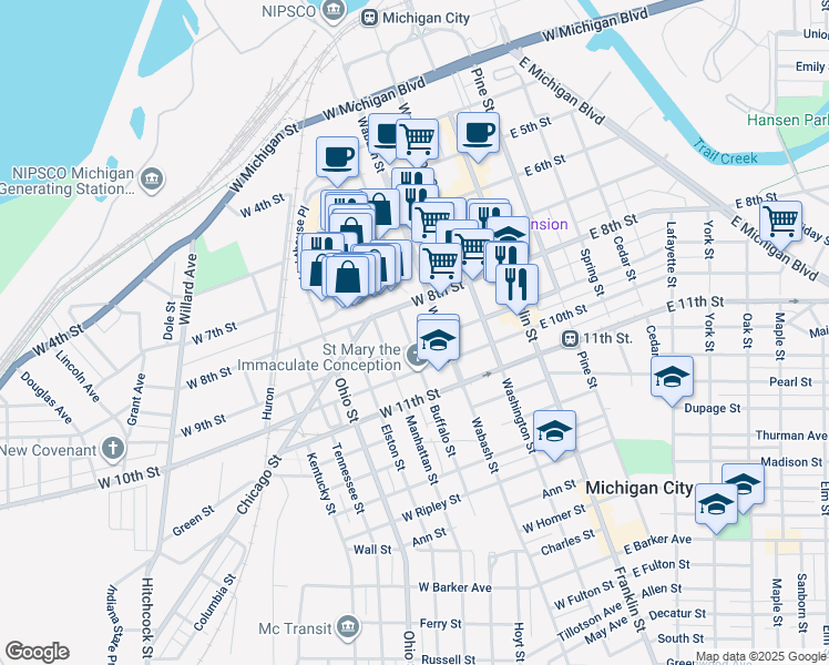 map of restaurants, bars, coffee shops, grocery stores, and more near 824 Buffalo Street in Michigan City
