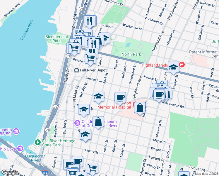 map of restaurants, bars, coffee shops, grocery stores, and more near 784 High Street in Fall River