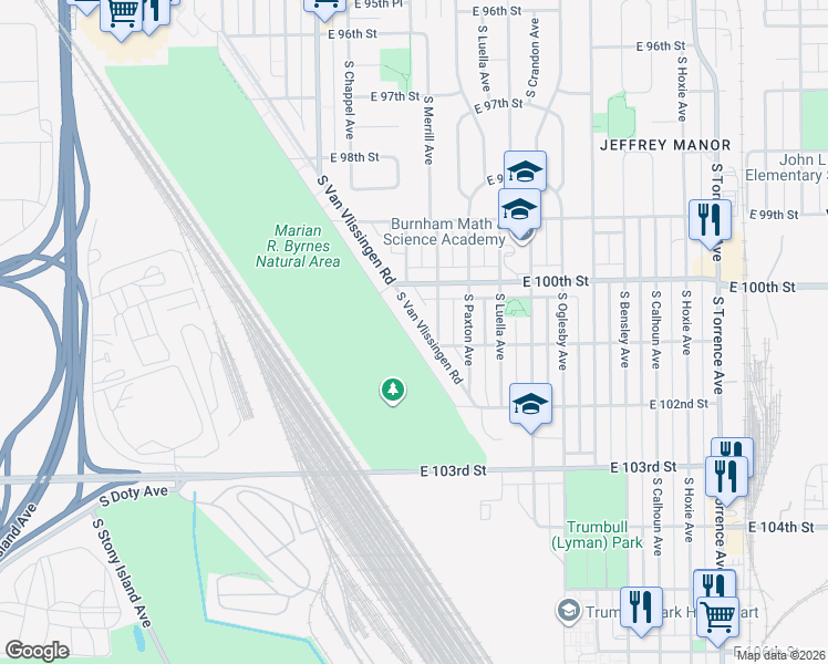 map of restaurants, bars, coffee shops, grocery stores, and more near 10050 South Van Vlissingen Road in Chicago