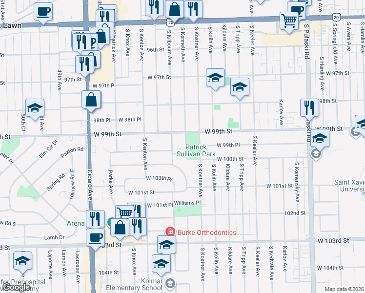 map of restaurants, bars, coffee shops, grocery stores, and more near 9920 South Kenneth Avenue in Oak Lawn