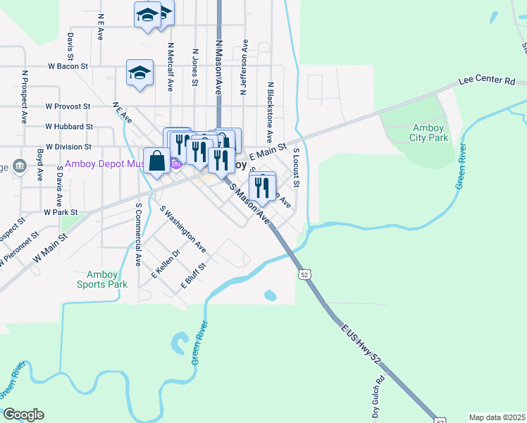 map of restaurants, bars, coffee shops, grocery stores, and more near 303 South Mason Avenue in Amboy