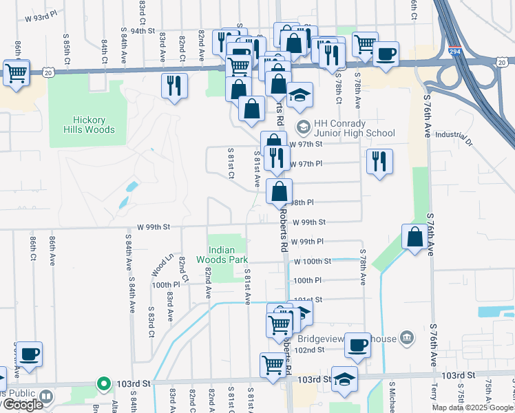 map of restaurants, bars, coffee shops, grocery stores, and more near 9851 South 81st Avenue in Palos Hills