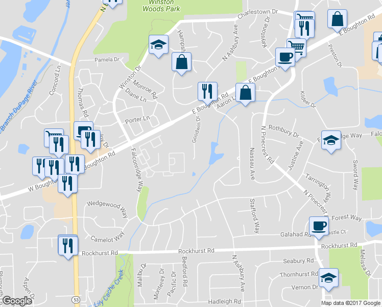 map of restaurants, bars, coffee shops, grocery stores, and more near 505 Goodwin Drive in Bolingbrook