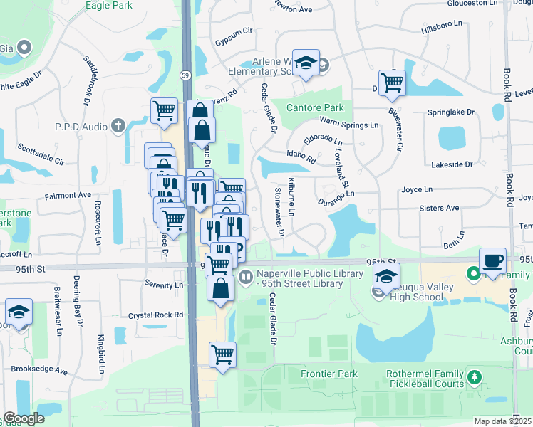 map of restaurants, bars, coffee shops, grocery stores, and more near 2906 Cedar Glade Drive in Naperville