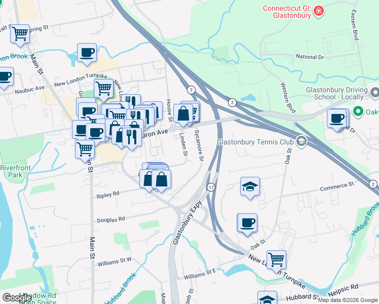 map of restaurants, bars, coffee shops, grocery stores, and more near 43 Linden Street in Glastonbury